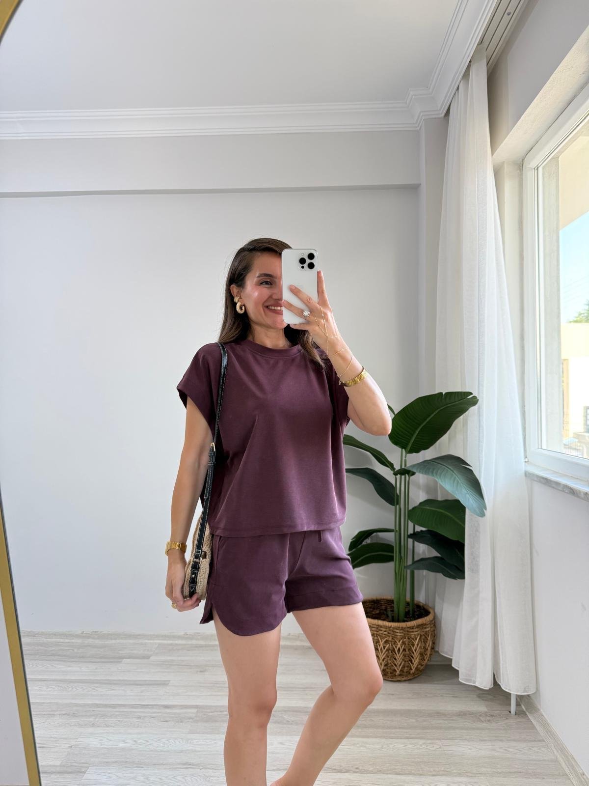 Bordo Düşük Omuz Bluz Şort Takım 7247