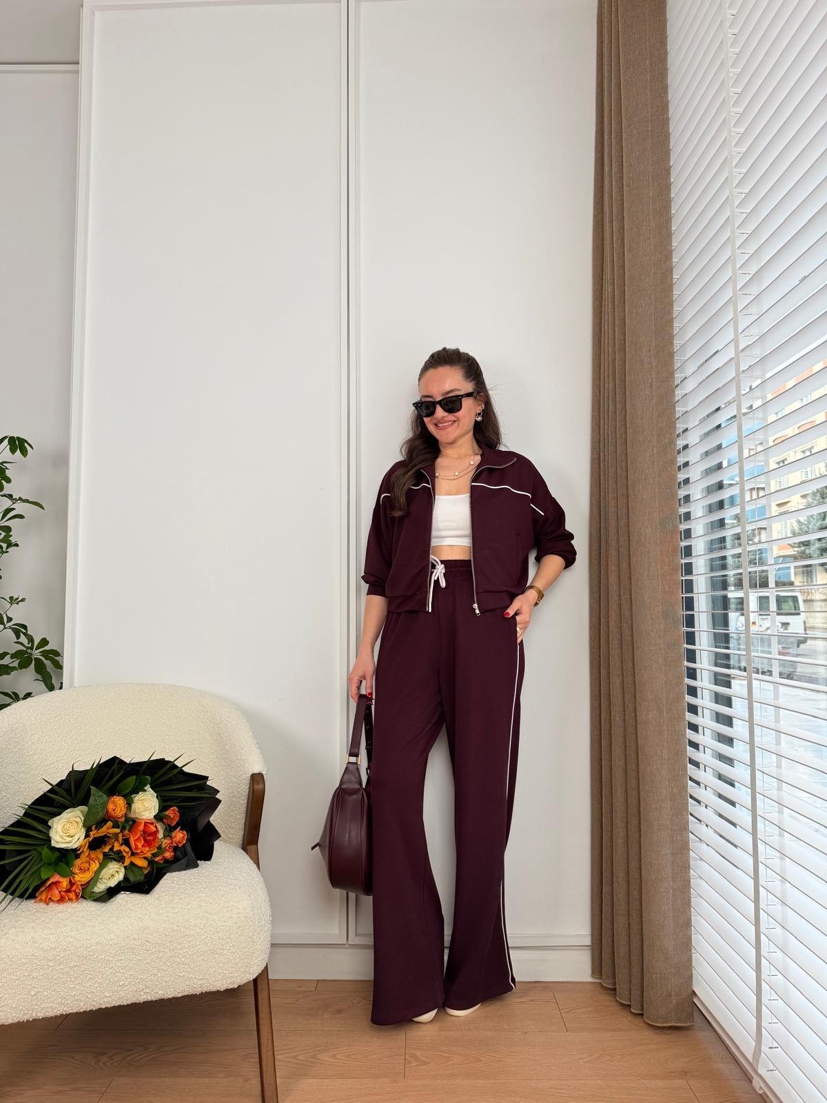 Bordo Fermuarlı Şerit Detaylı Modal Takım 51075