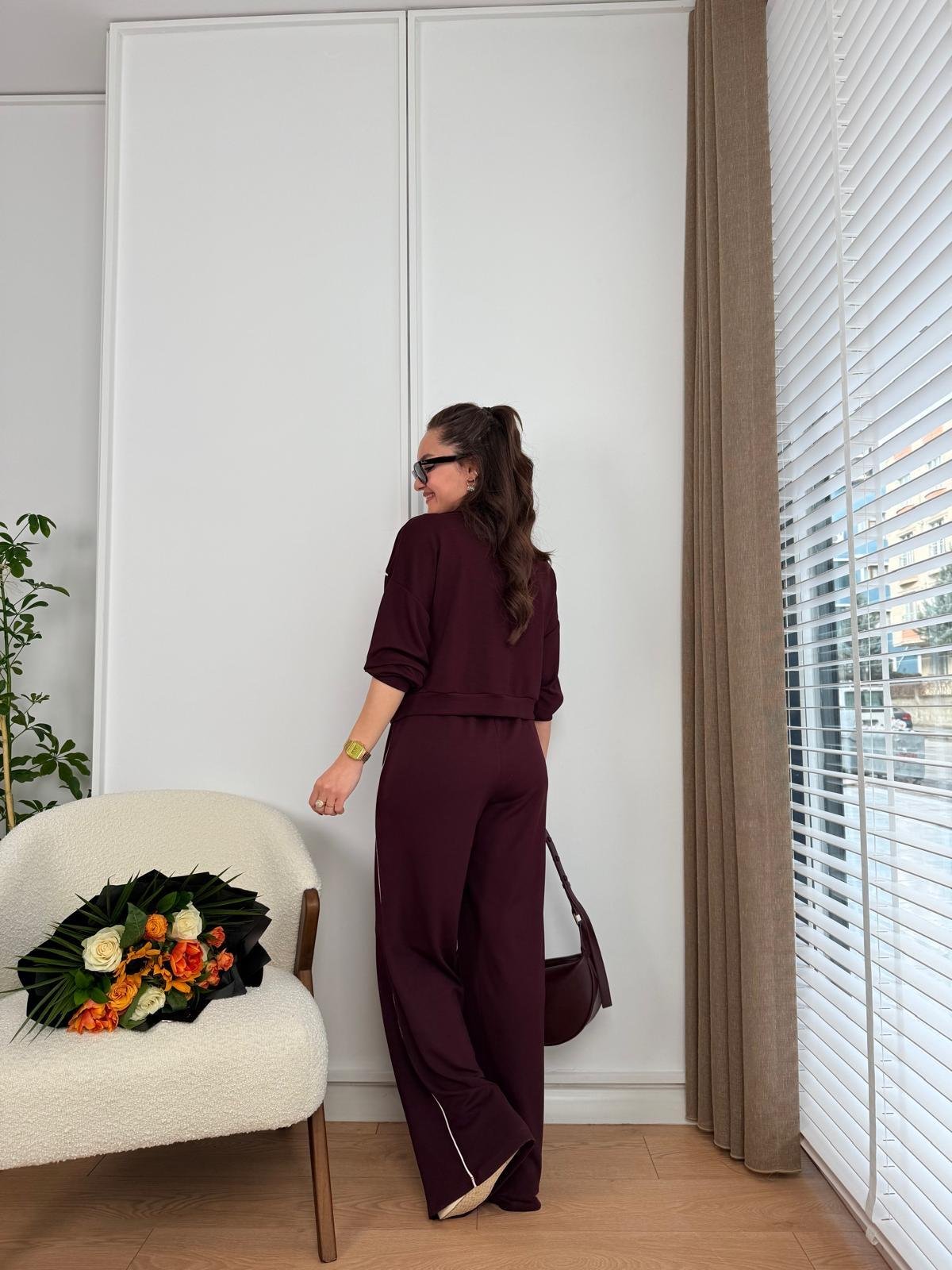 Bordo Fermuarlı Şerit Detaylı Modal Takım 51075