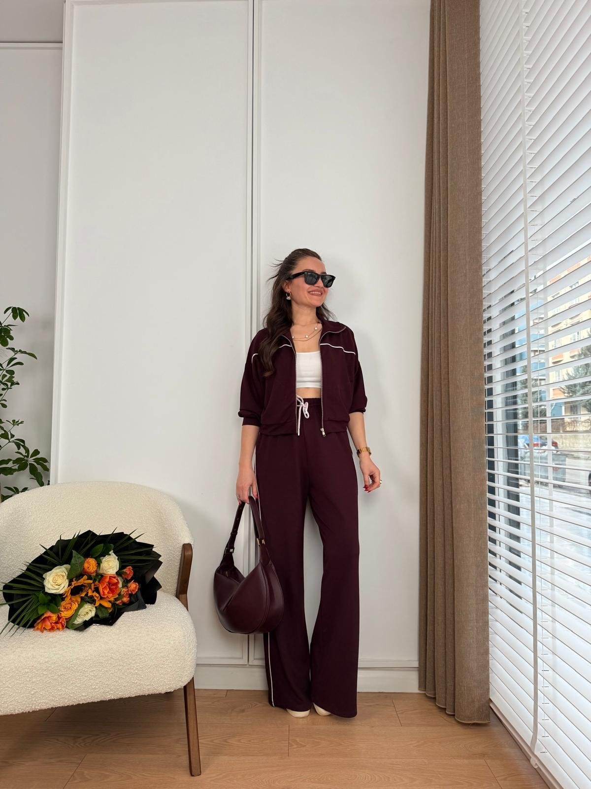 Bordo Fermuarlı Şerit Detaylı Modal Takım 51075