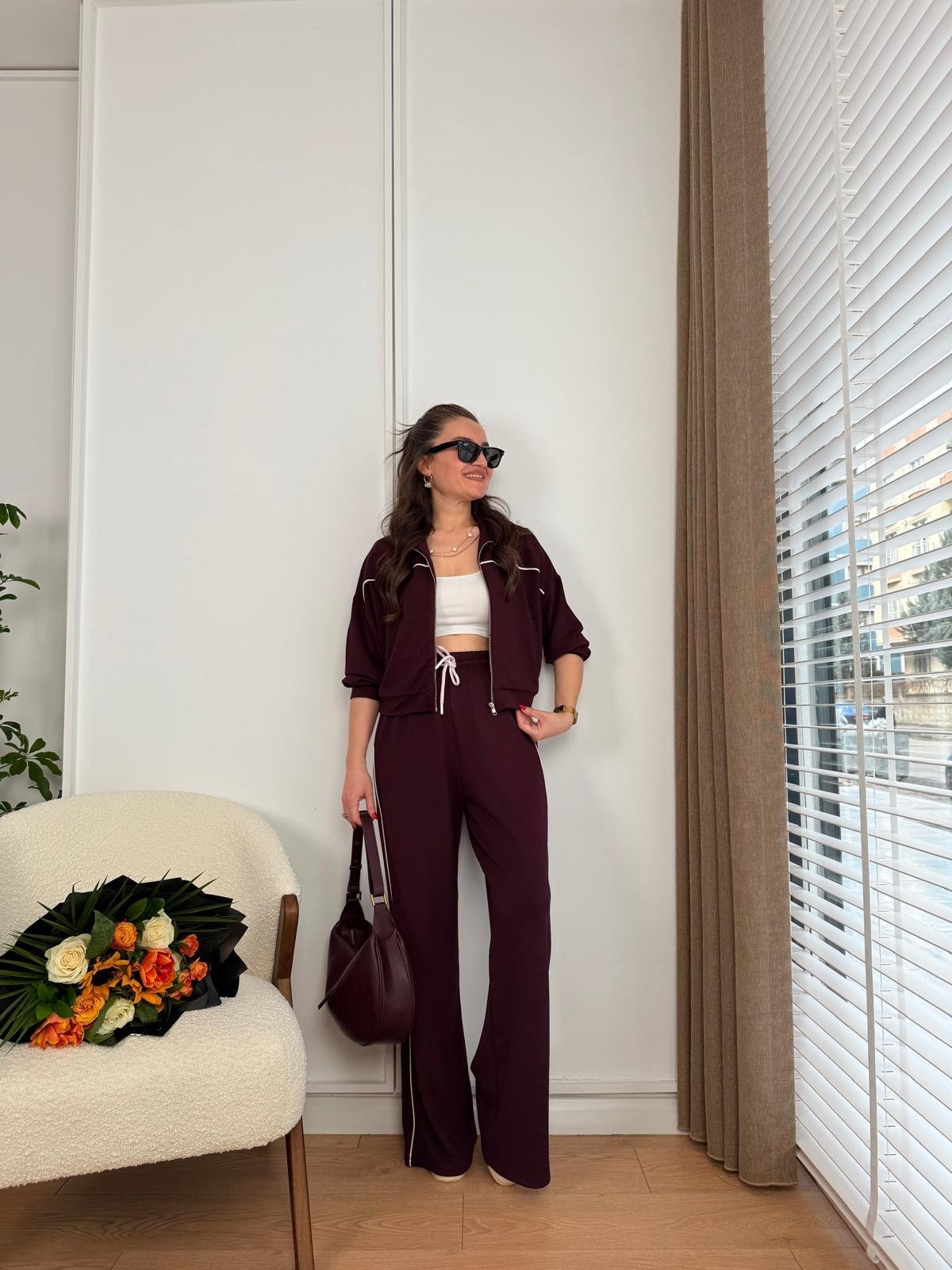 Bordo Fermuarlı Şerit Detaylı Modal Takım 51075