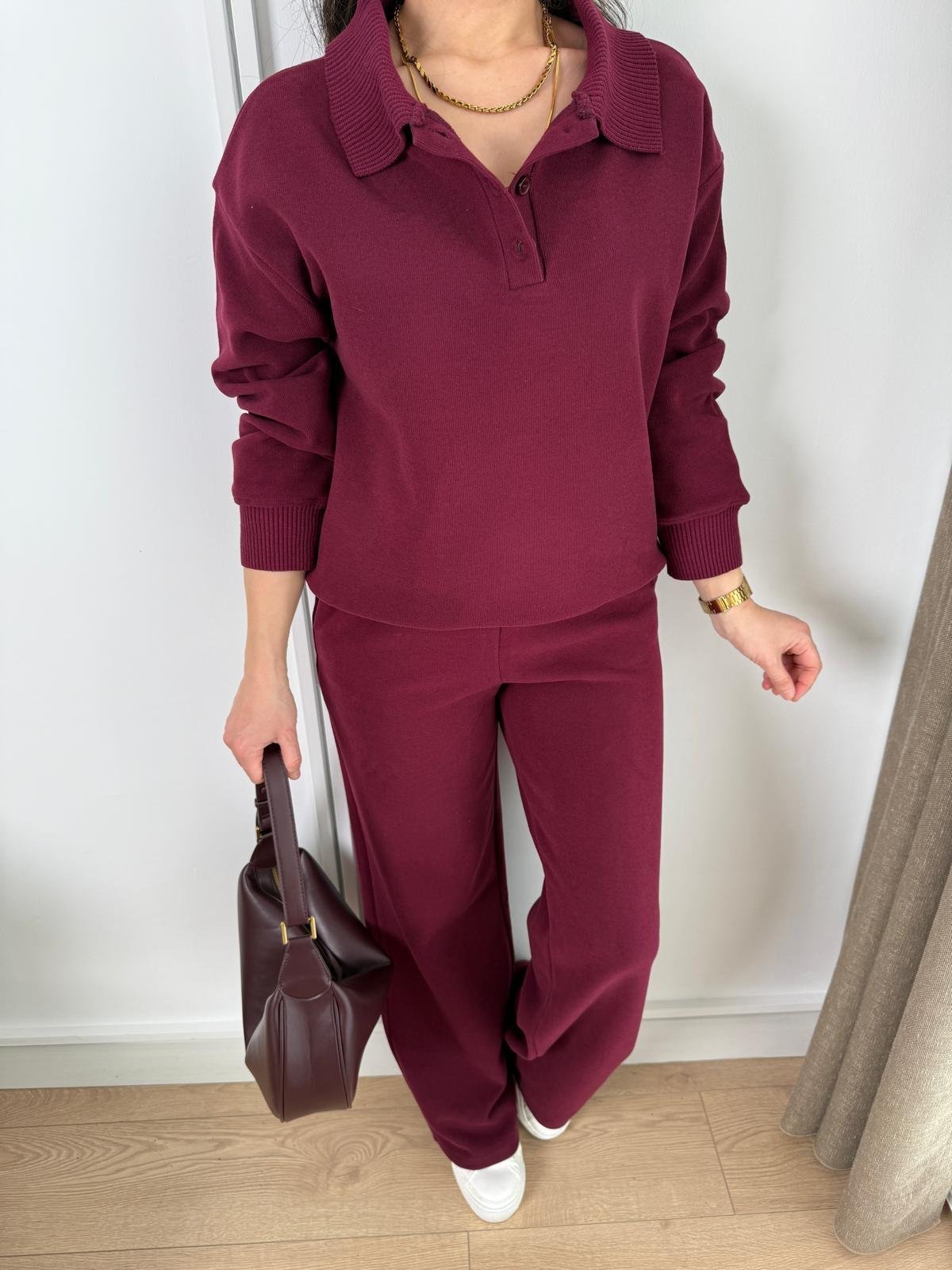 Bordo Fitilli Polo Yaka Bol Paça Pantolon Takım 16528