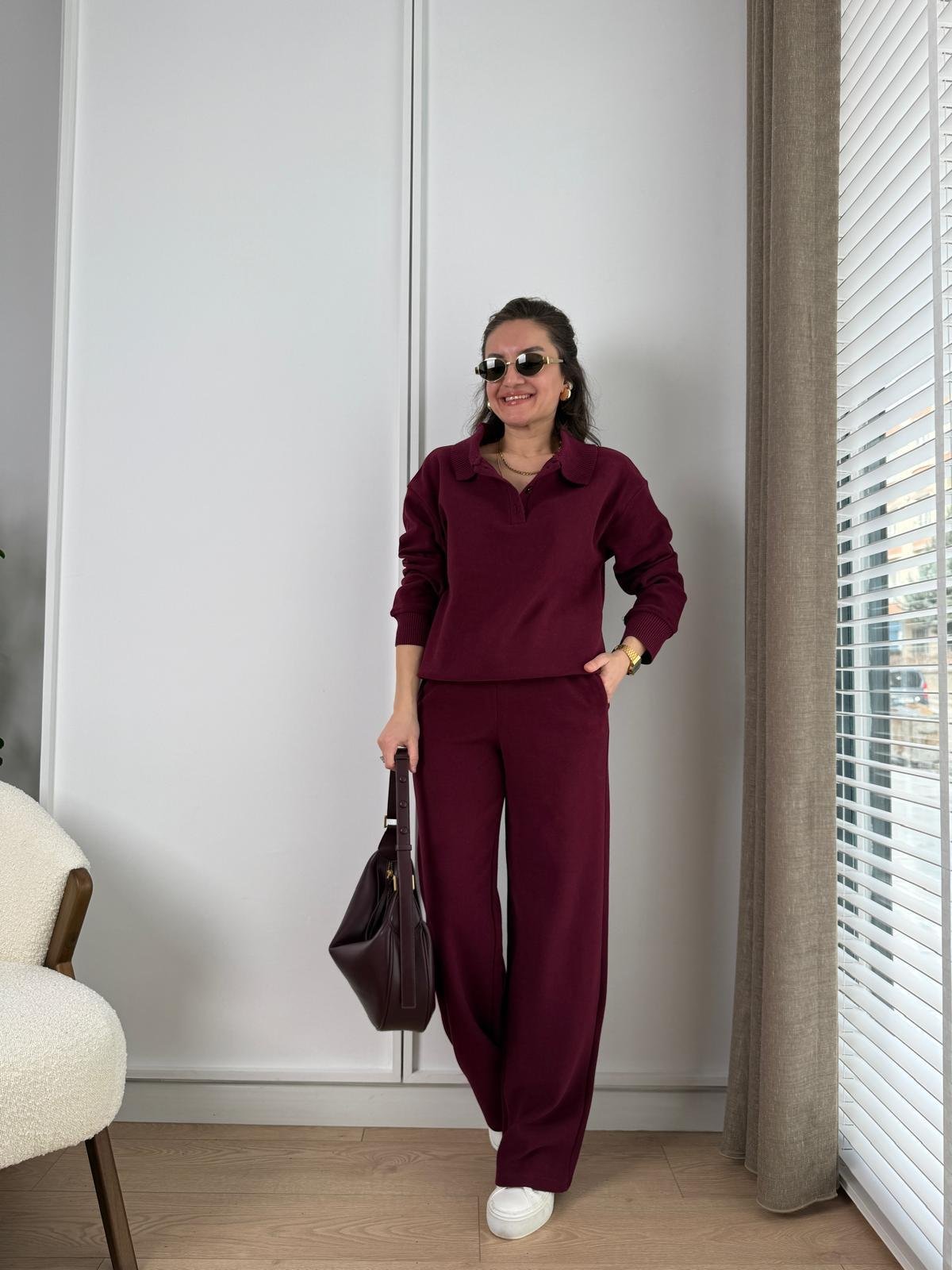 Bordo Fitilli Polo Yaka Bol Paça Pantolon Takım 16528