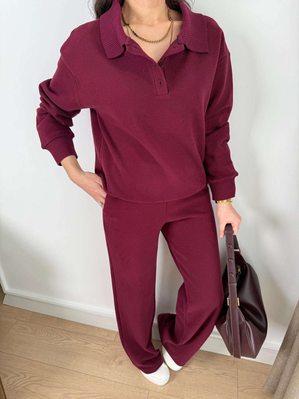 Bordo Fitilli Polo Yaka Bol Paça Pantolon Takım 16528