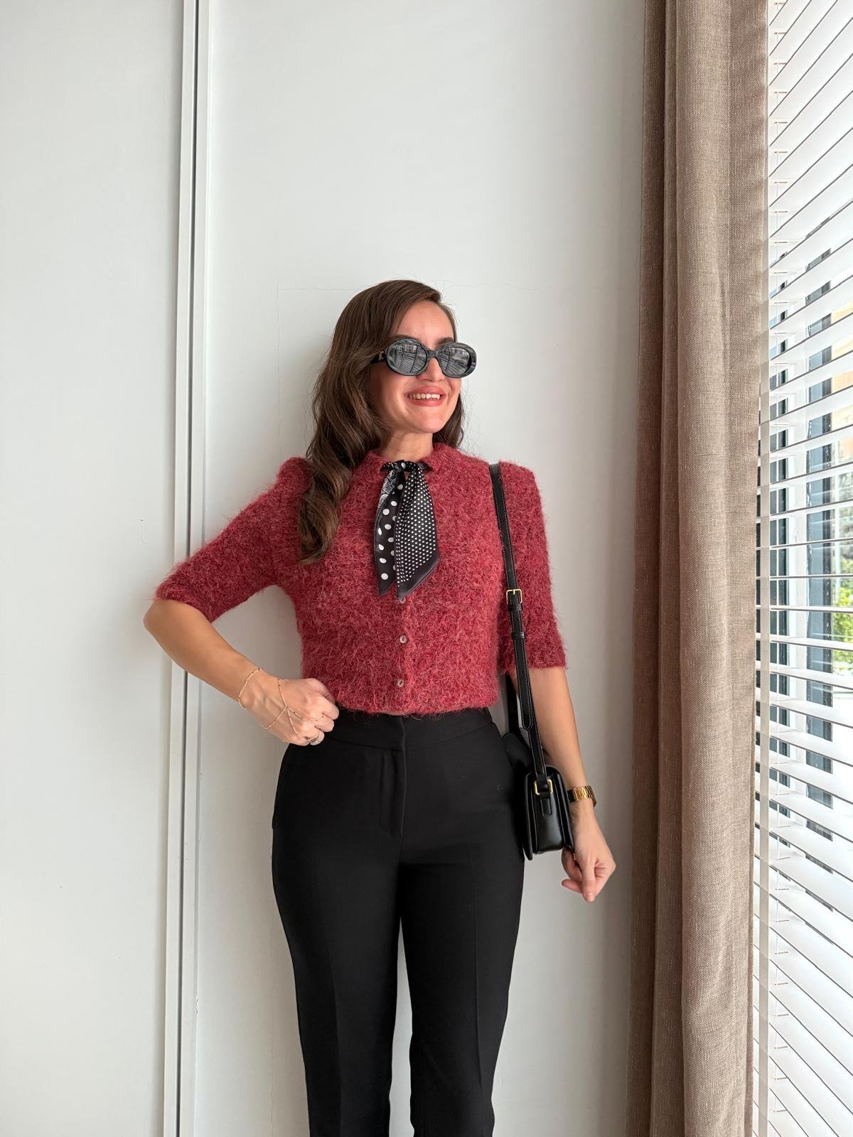 Bordo Fular Detaylı Kısa Kol Triko Hırka 3193