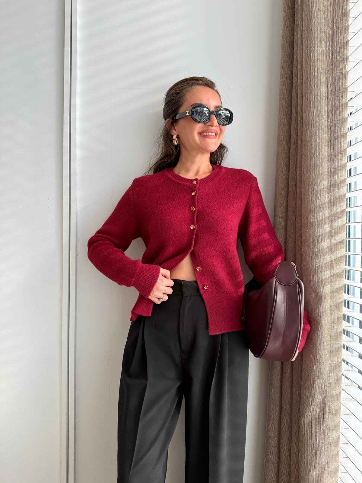 Bordo Gold Düğmeli Angora Hırka 7606