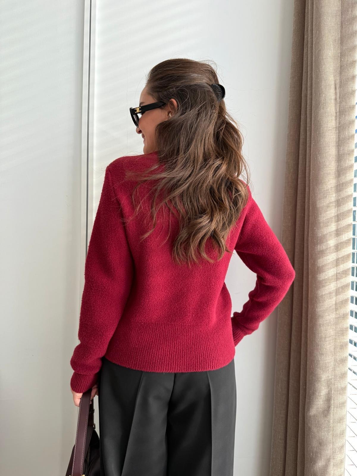 Bordo Gold Düğmeli Angora Hırka 7606