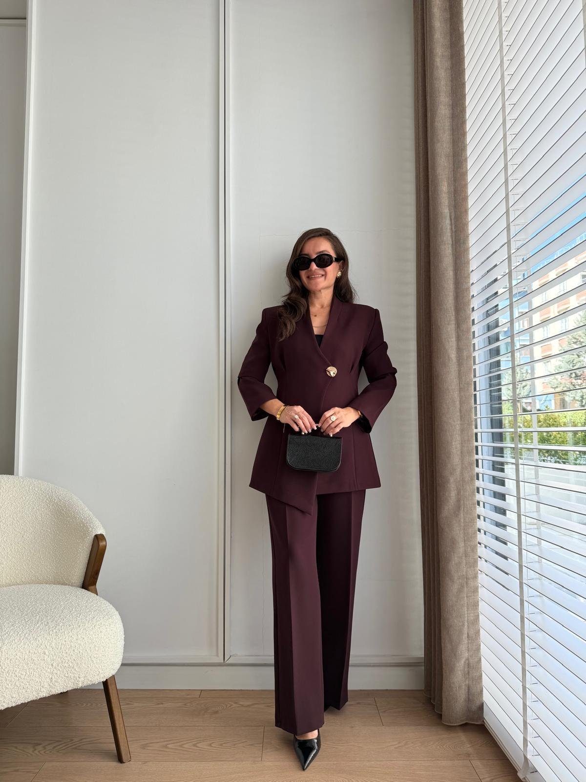 Bordo Gold Düğmeli Dikiş Detaylı Ceket Pantolon Takım 8761
