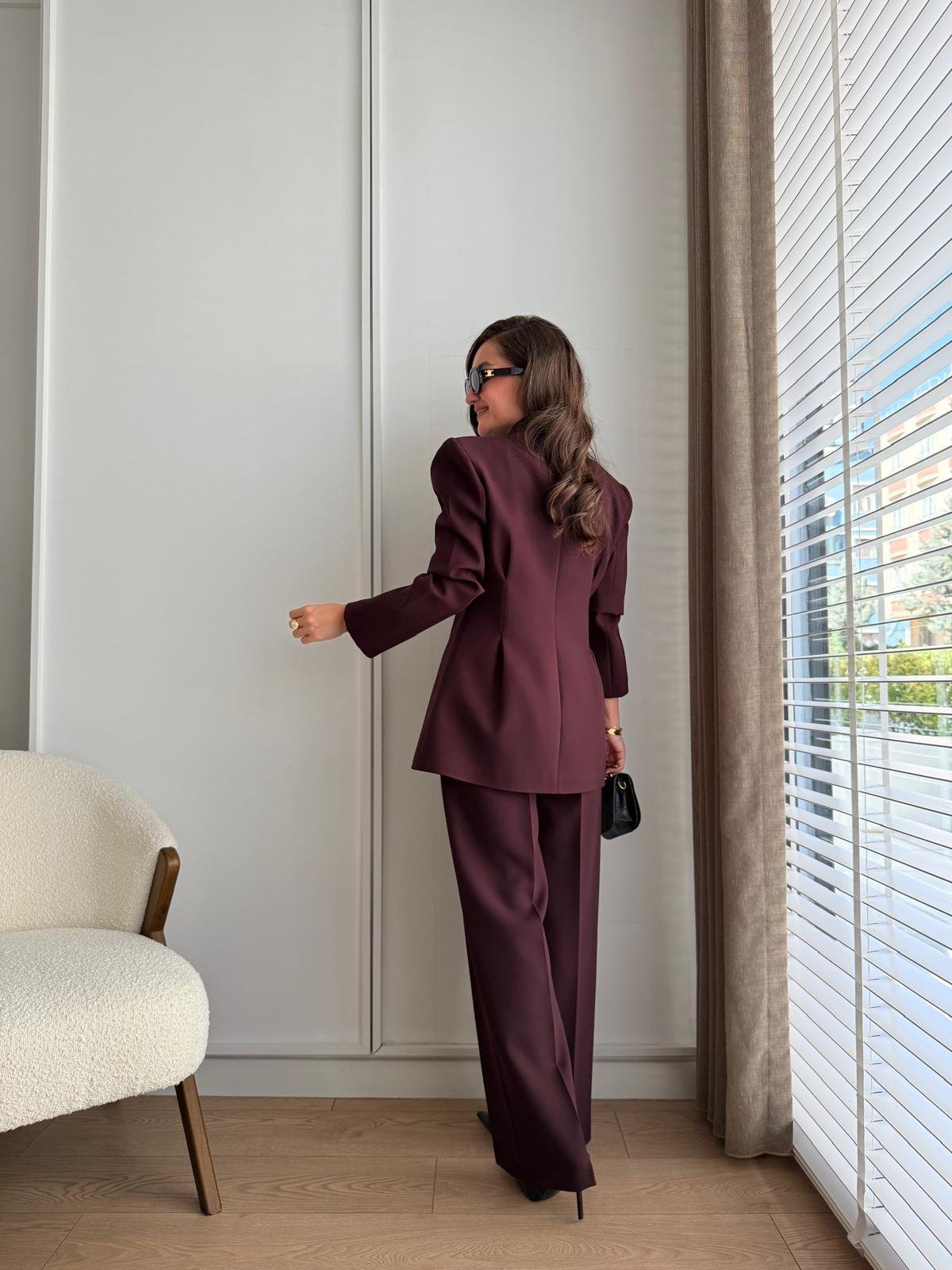 Bordo Gold Düğmeli Dikiş Detaylı Ceket Pantolon Takım 8761