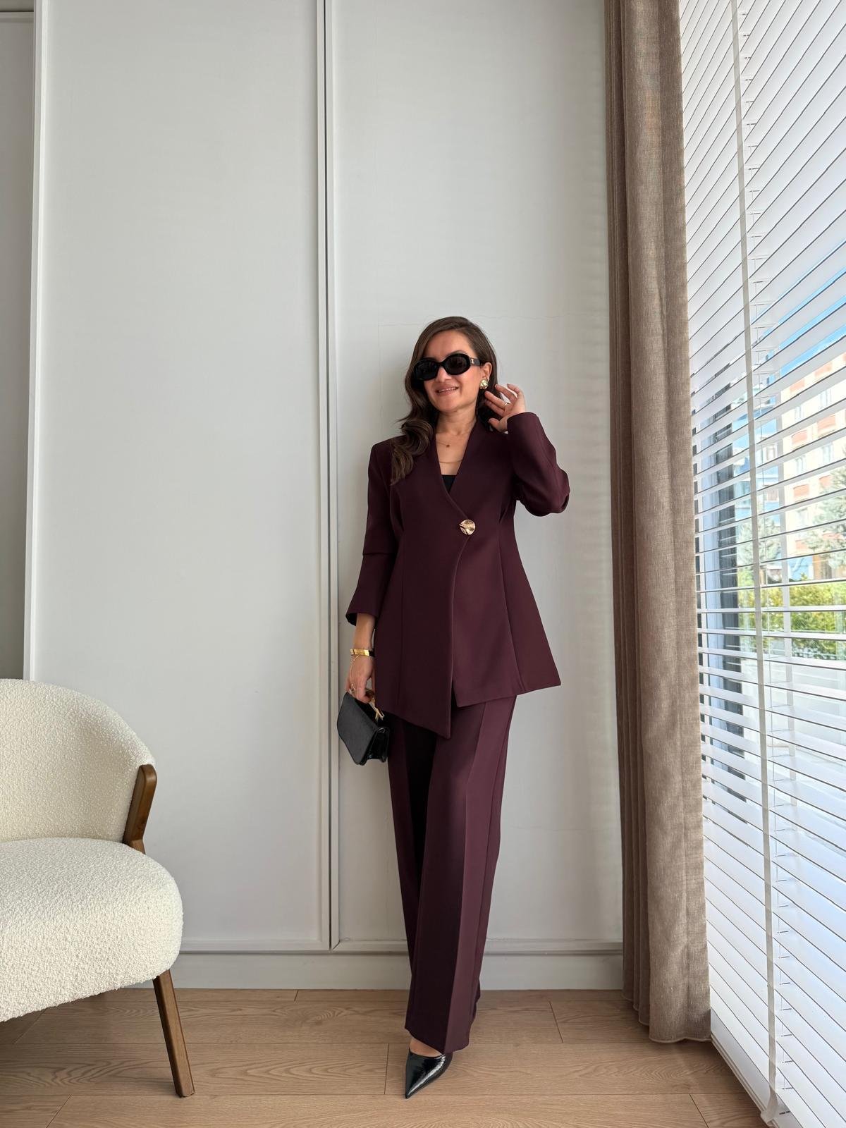Bordo Gold Düğmeli Dikiş Detaylı Ceket Pantolon Takım 8761
