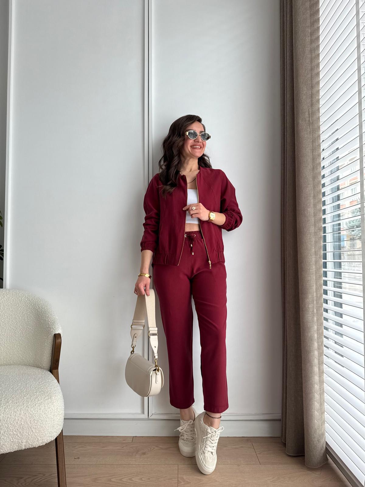 Bordo Gold Fermuarlı Ceket Pantolon Takım 0331