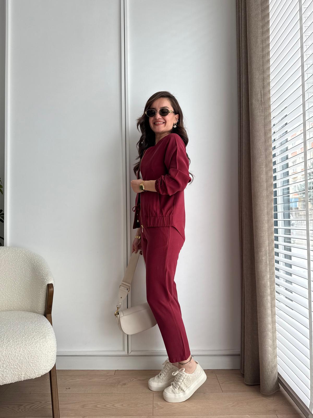 Bordo Gold Fermuarlı Ceket Pantolon Takım 0331