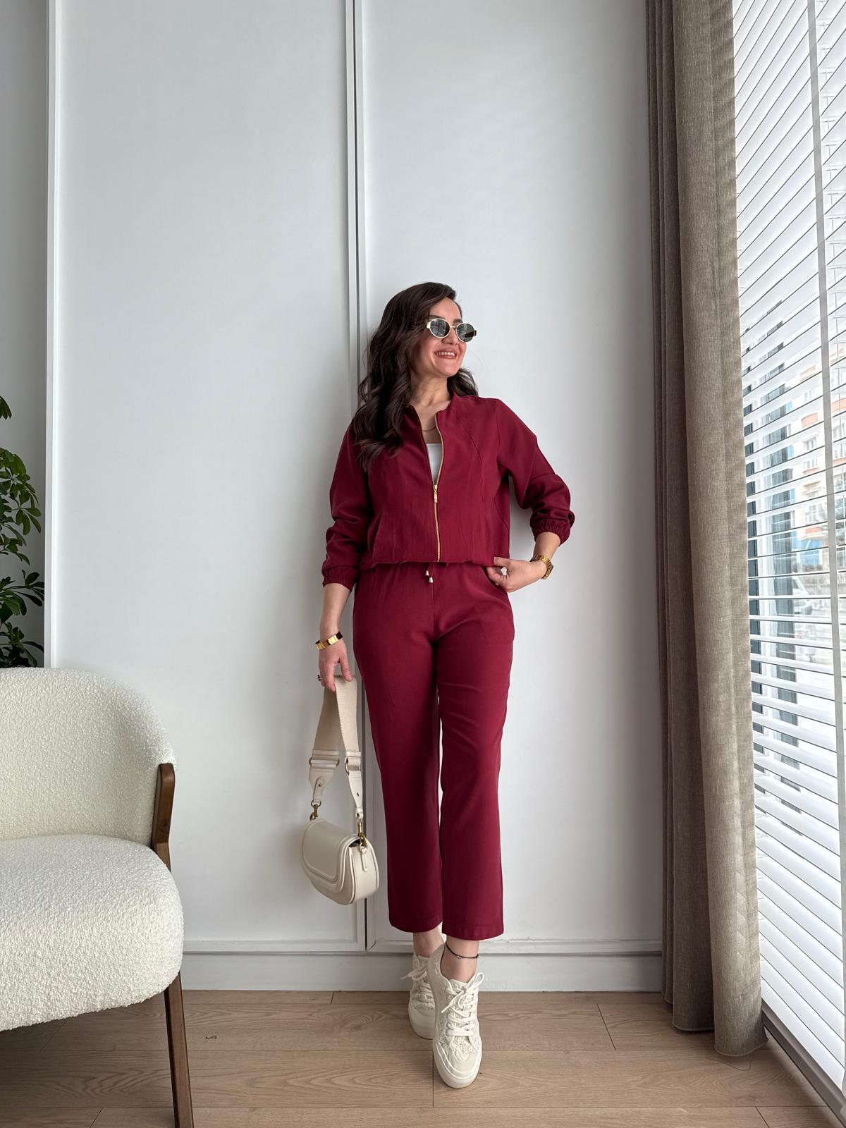 Bordo Gold Fermuarlı Ceket Pantolon Takım 0331