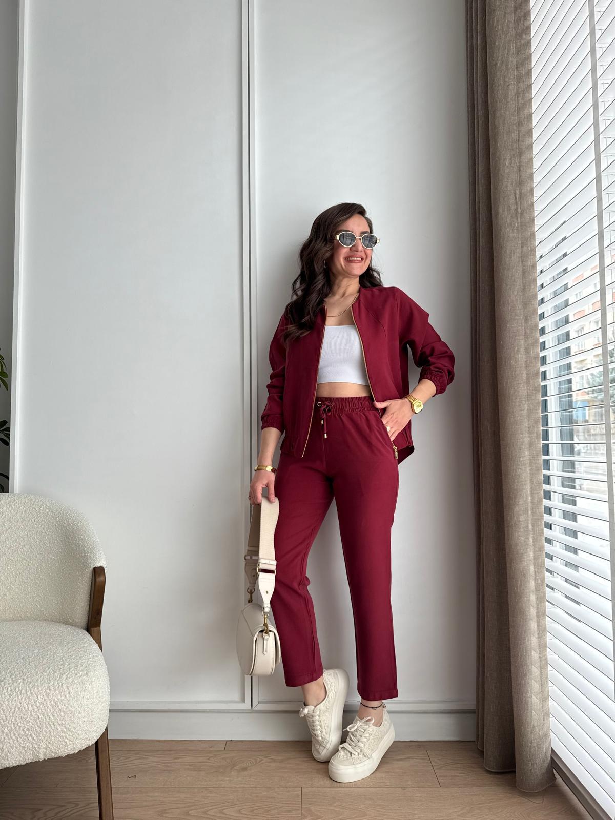 Bordo Gold Fermuarlı Ceket Pantolon Takım 0331