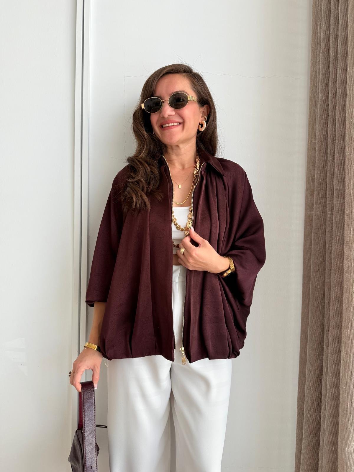 Bordo Gold Fermuarlı Saten Bomber Ceket 9584