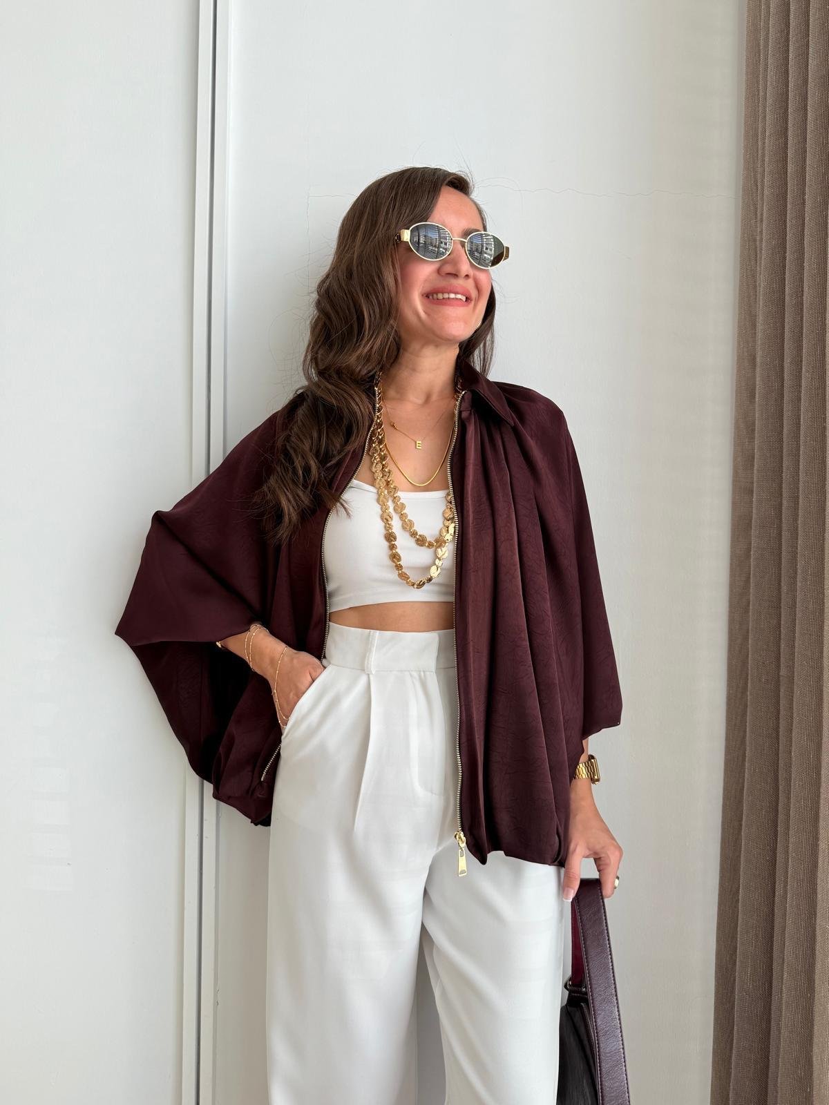 Bordo Gold Fermuarlı Saten Bomber Ceket 9584