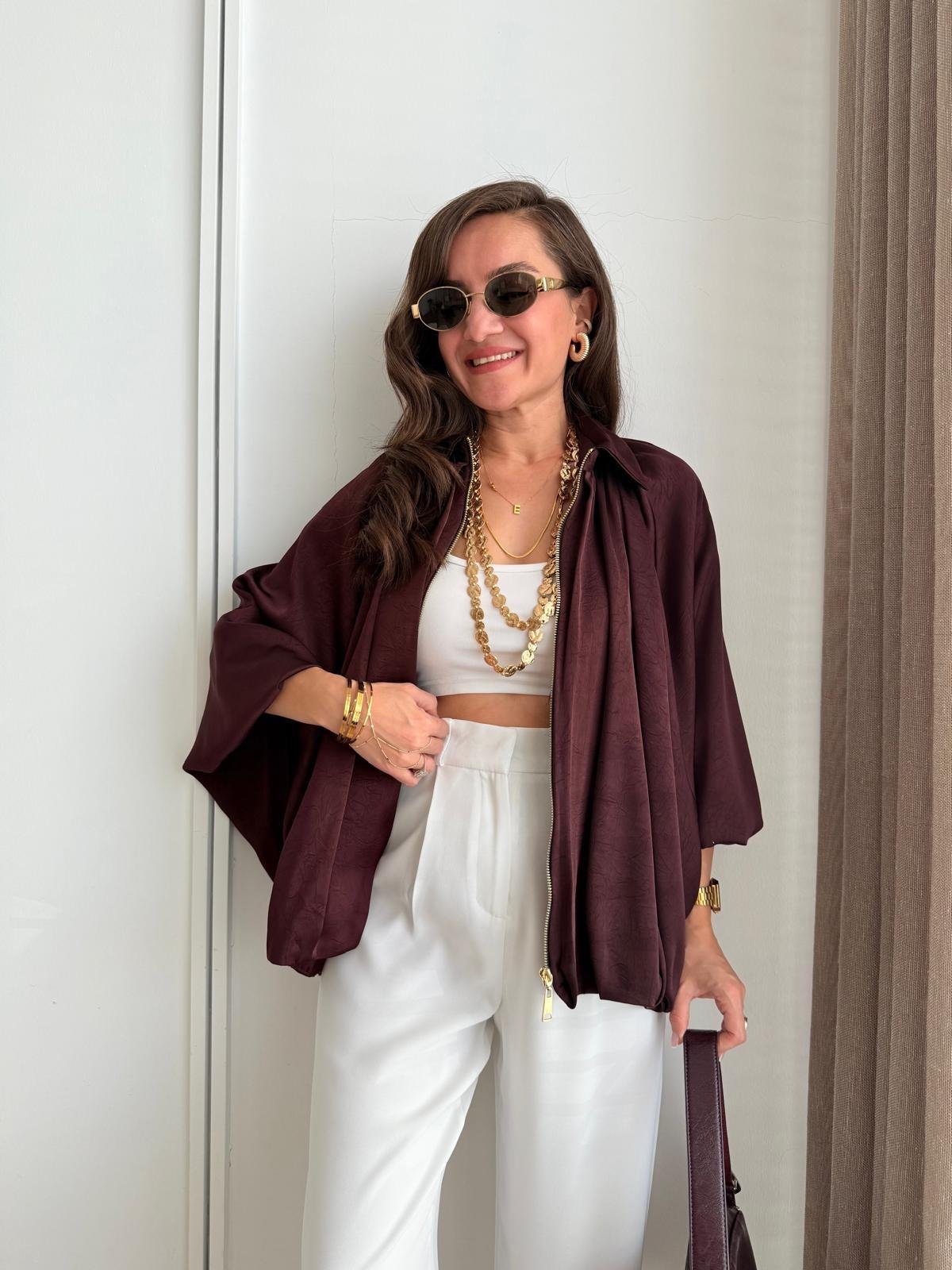 Bordo Gold Fermuarlı Saten Bomber Ceket 9584