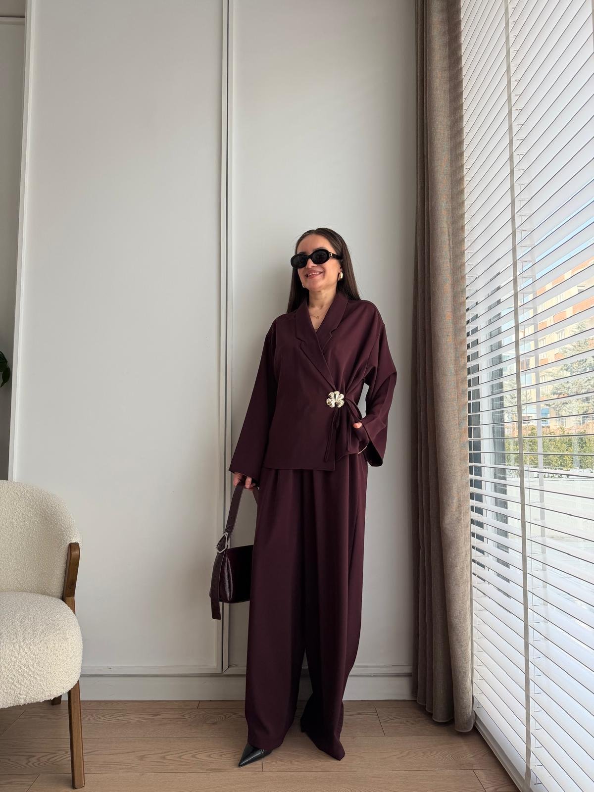 Bordo Gül Broşlu Ceket Pantolon Takım 8896