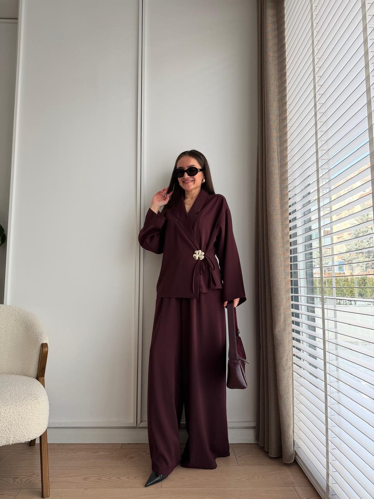 Bordo Gül Broşlu Ceket Pantolon Takım 8896