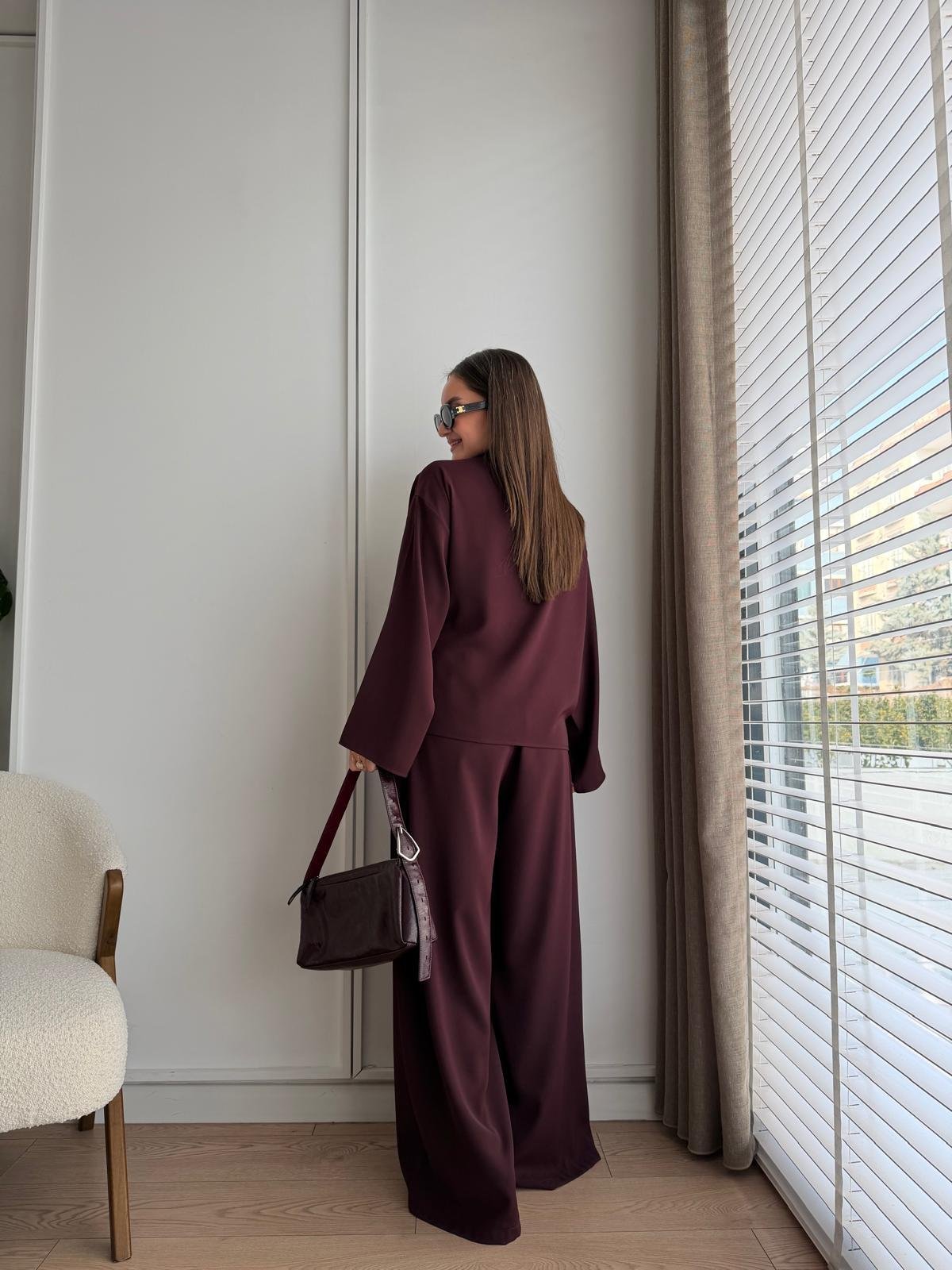 Bordo Gül Broşlu Ceket Pantolon Takım 8896