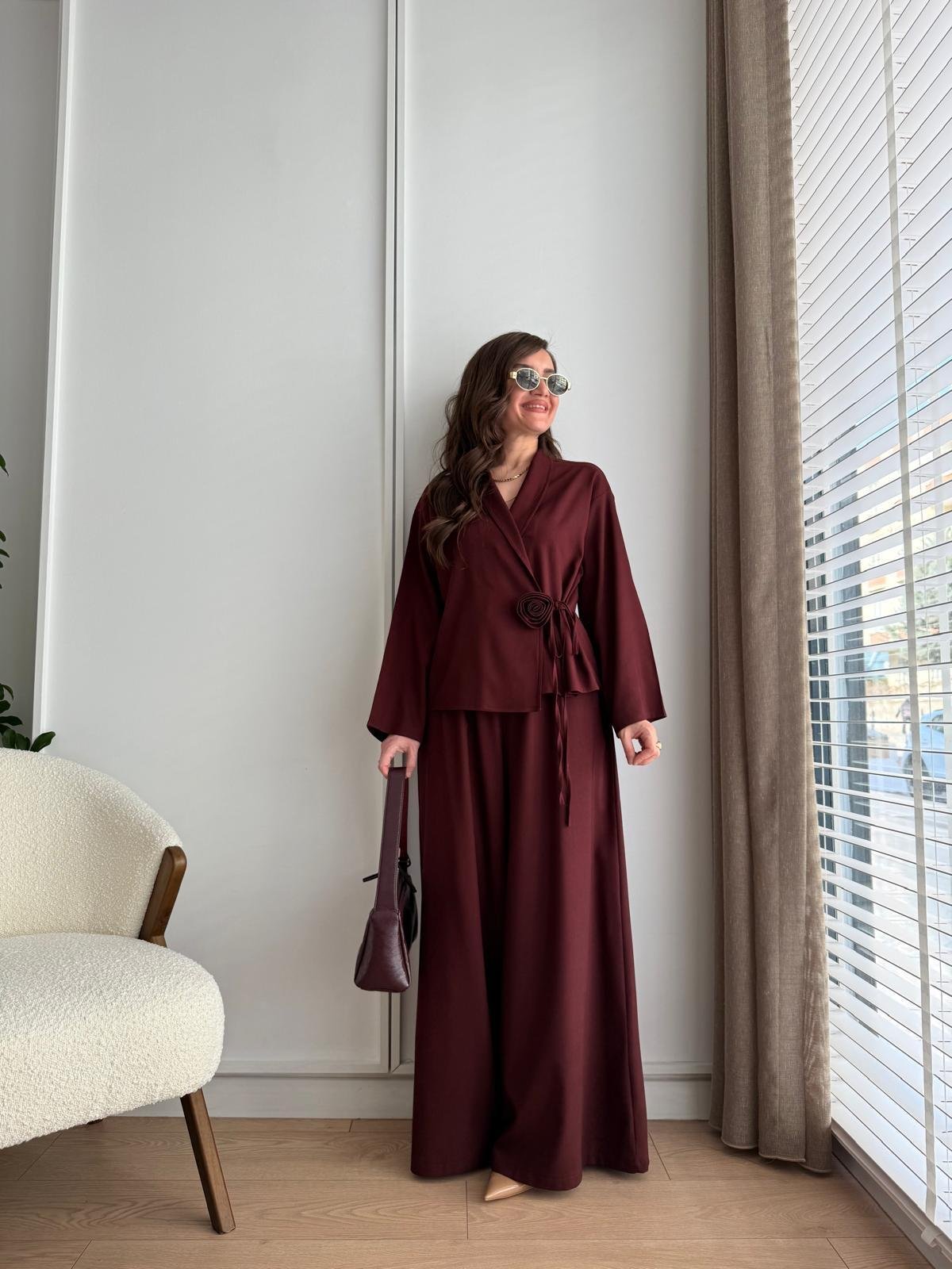 Bordo Gül Detaylı Kimono Takım 8637