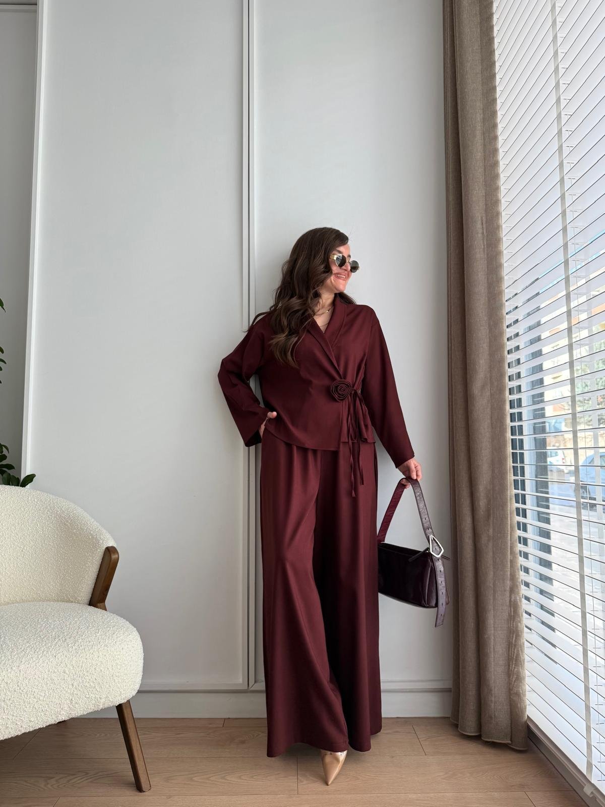 Bordo Gül Detaylı Kimono Takım 8637