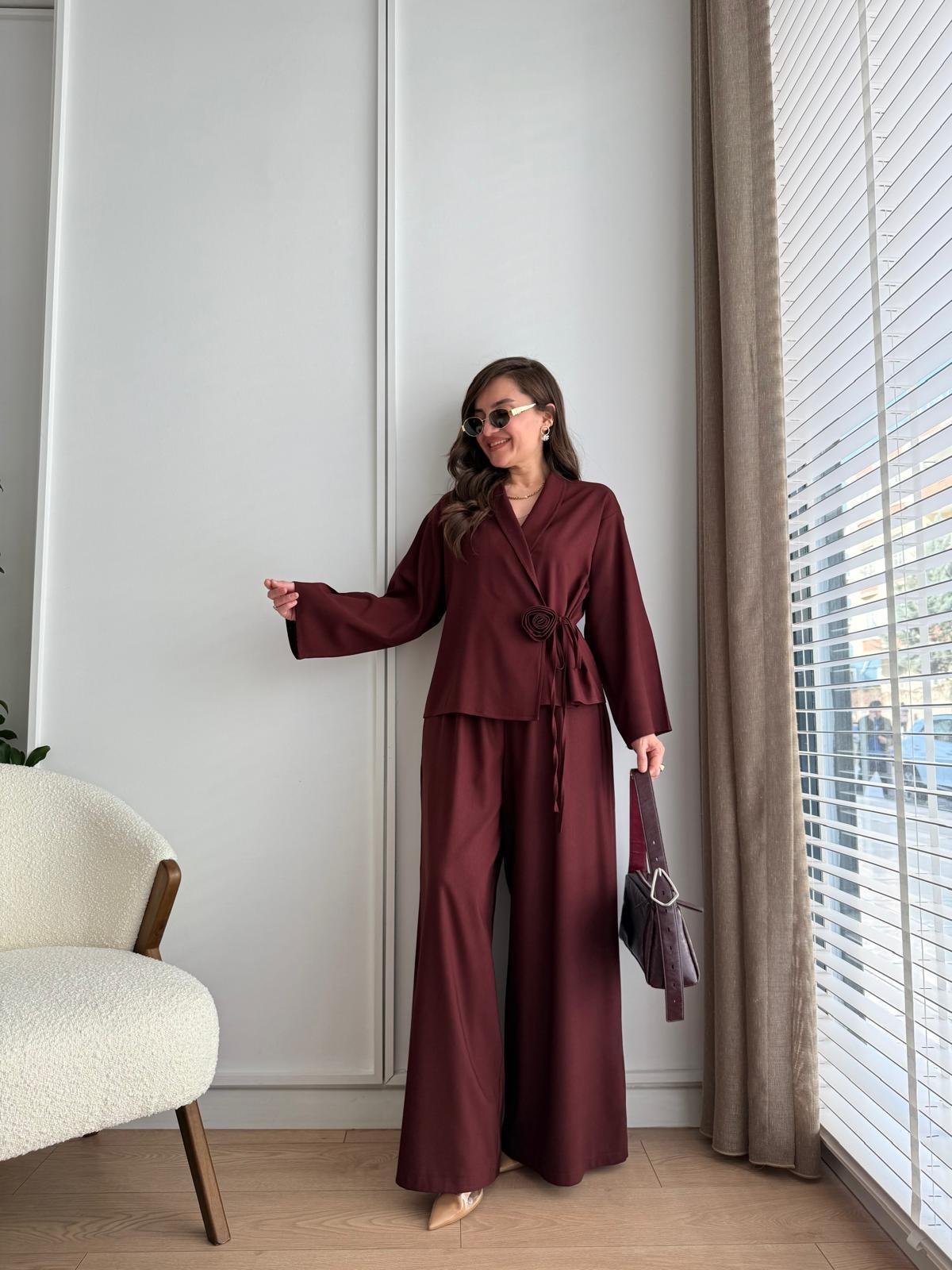 Bordo Gül Detaylı Kimono Takım 8637