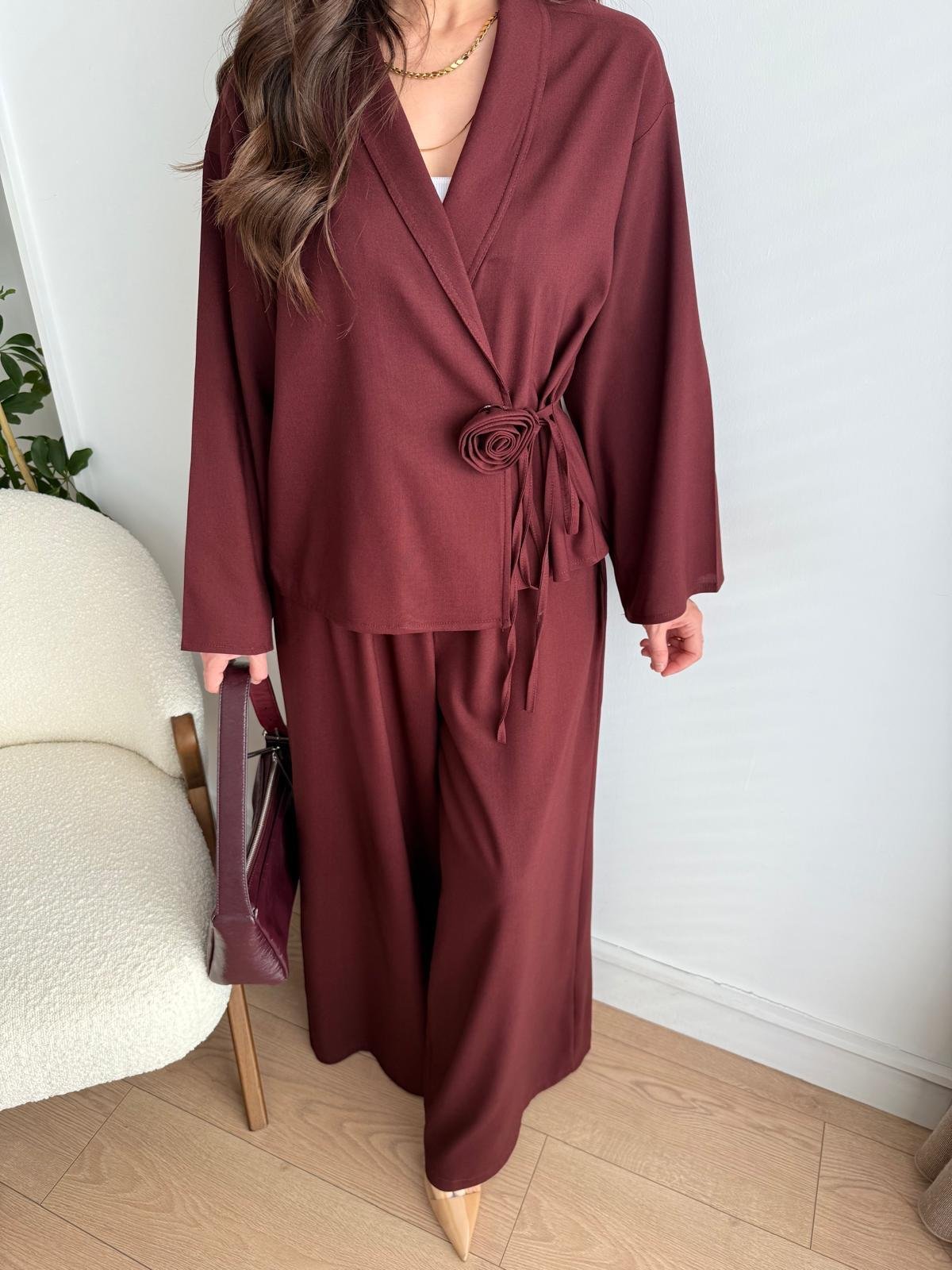 Bordo Gül Detaylı Kimono Takım 8637