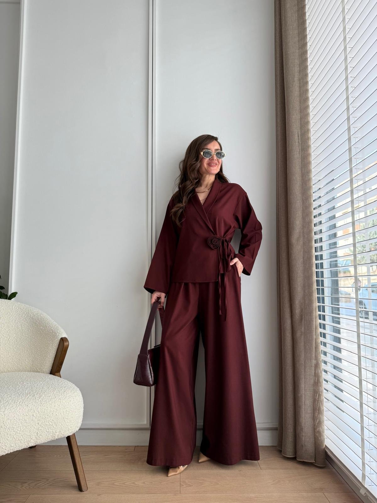 Bordo Gül Detaylı Kimono Takım 8637