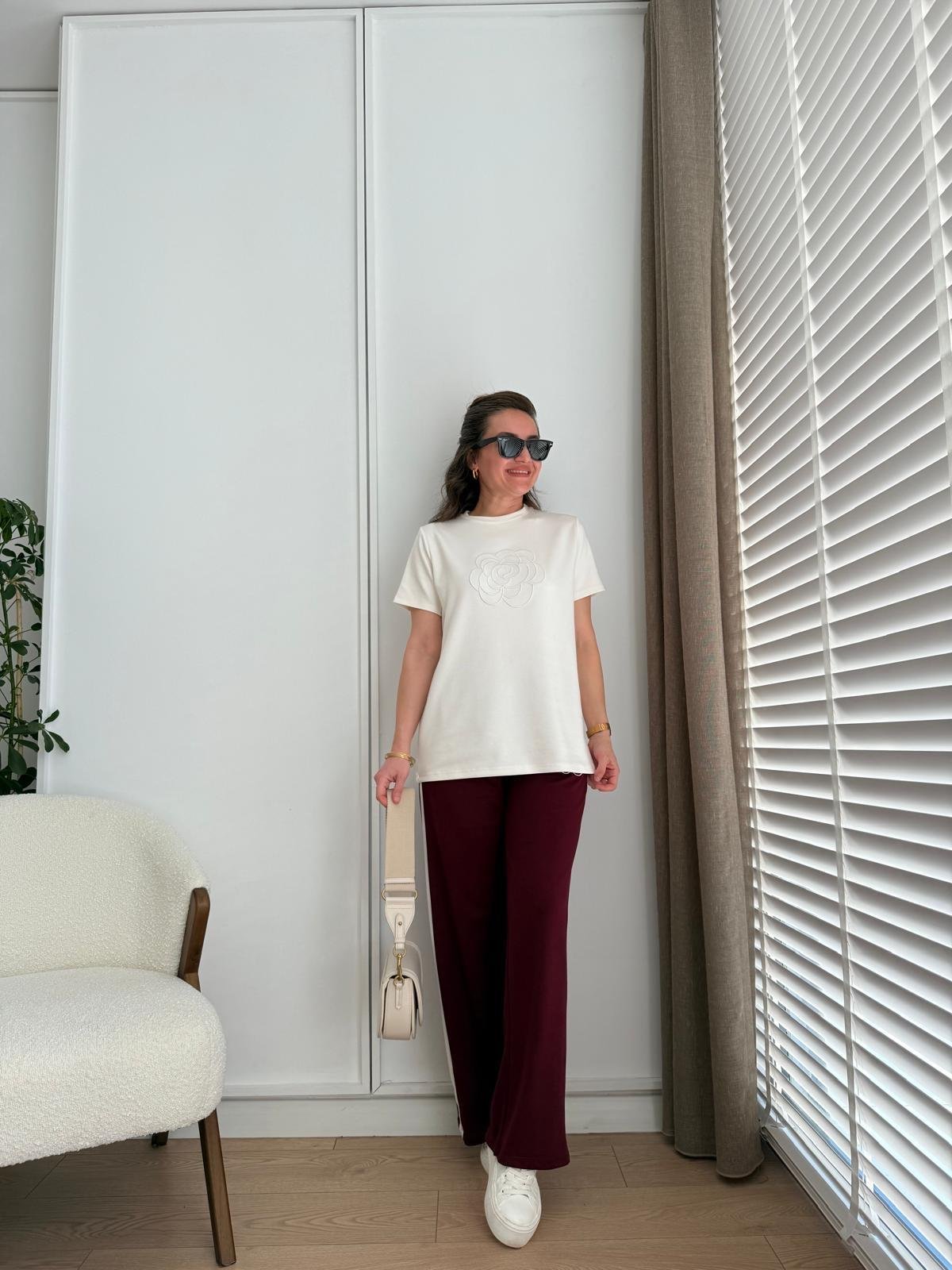 Bordo Gül Nakışlı Modal Kumaş Takım 2233