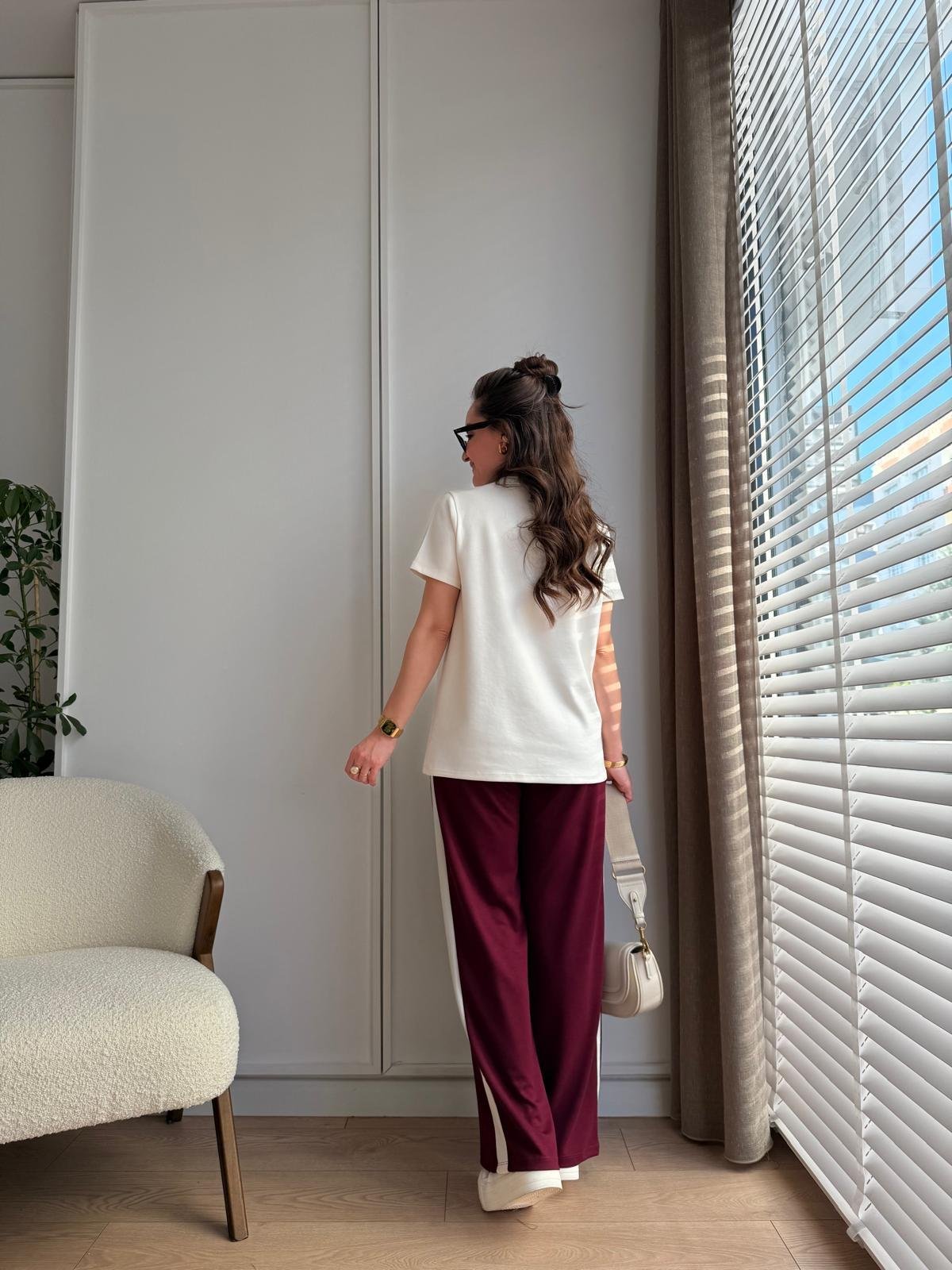 Bordo Gül Nakışlı Modal Kumaş Takım 2233