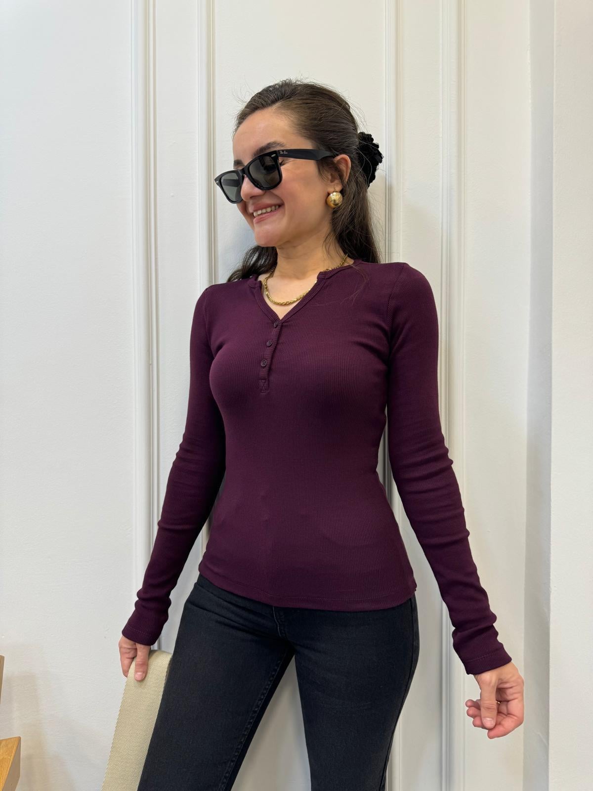 Bordo İnce Biyeli Düğmeli Triko Bluz 241017
