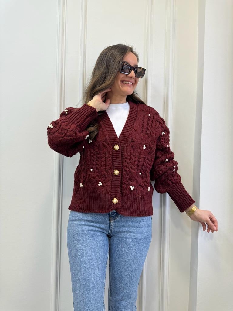 Bordo İncili Önü Gold İnci Düğme Detaylı Hırka 3142