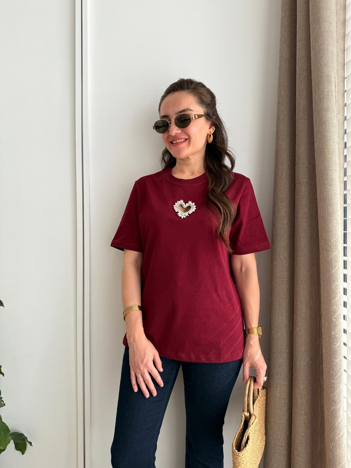 Bordo Kalp Detaylı Tshirt 251058