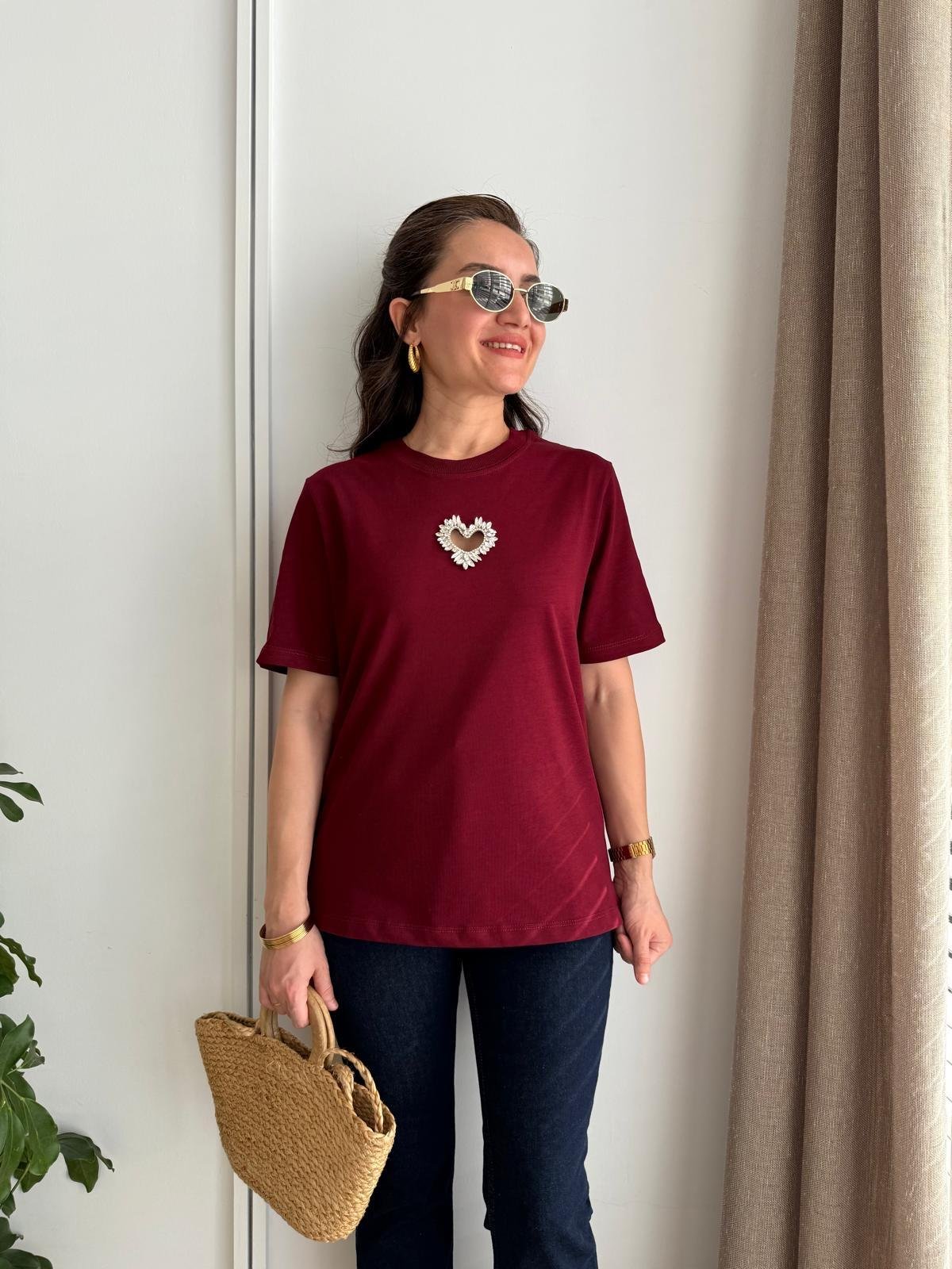 Bordo Kalp Detaylı Tshirt 251058