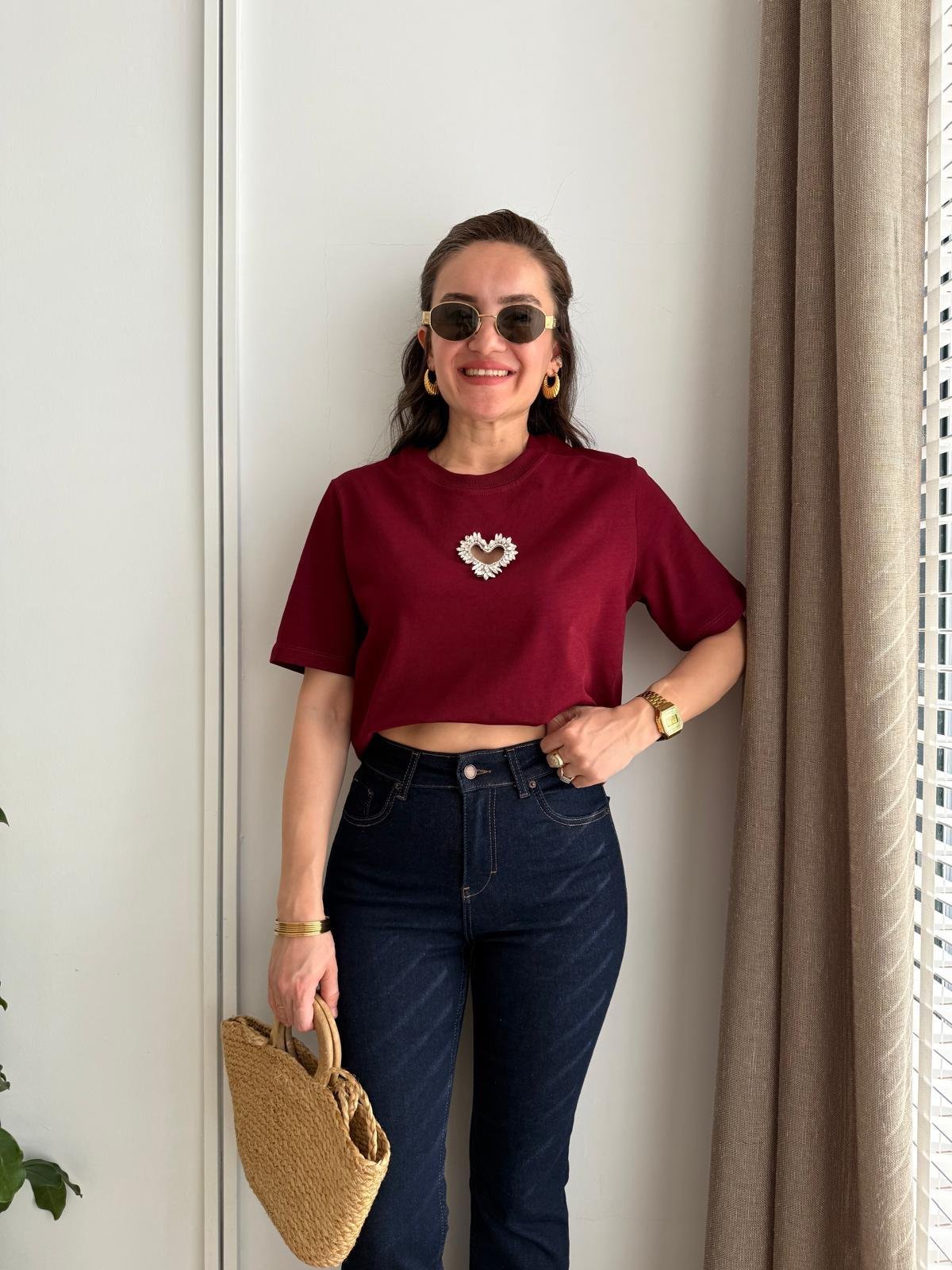 Bordo Kalp Detaylı Tshirt 251058