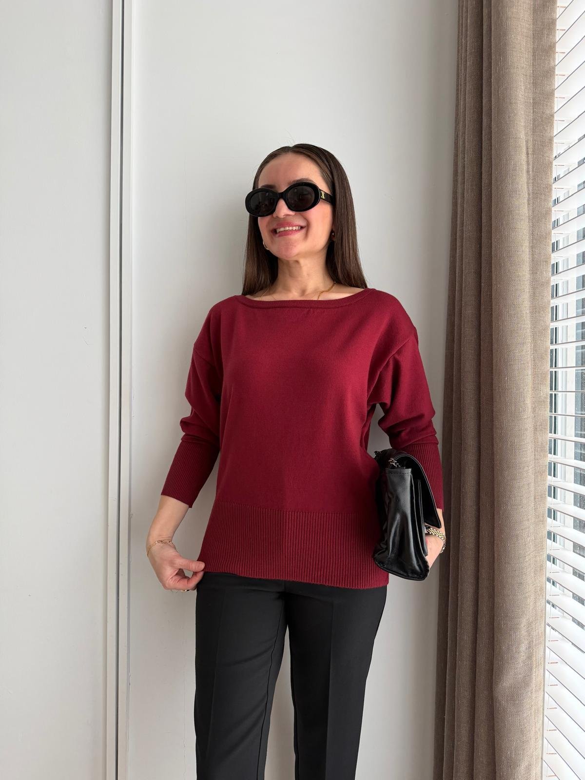 Bordo Kayık Yaka Basic Kazak 2736