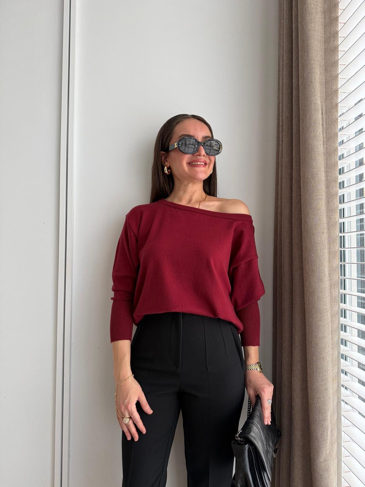 Bordo Kayık Yaka Basic Kazak 2736