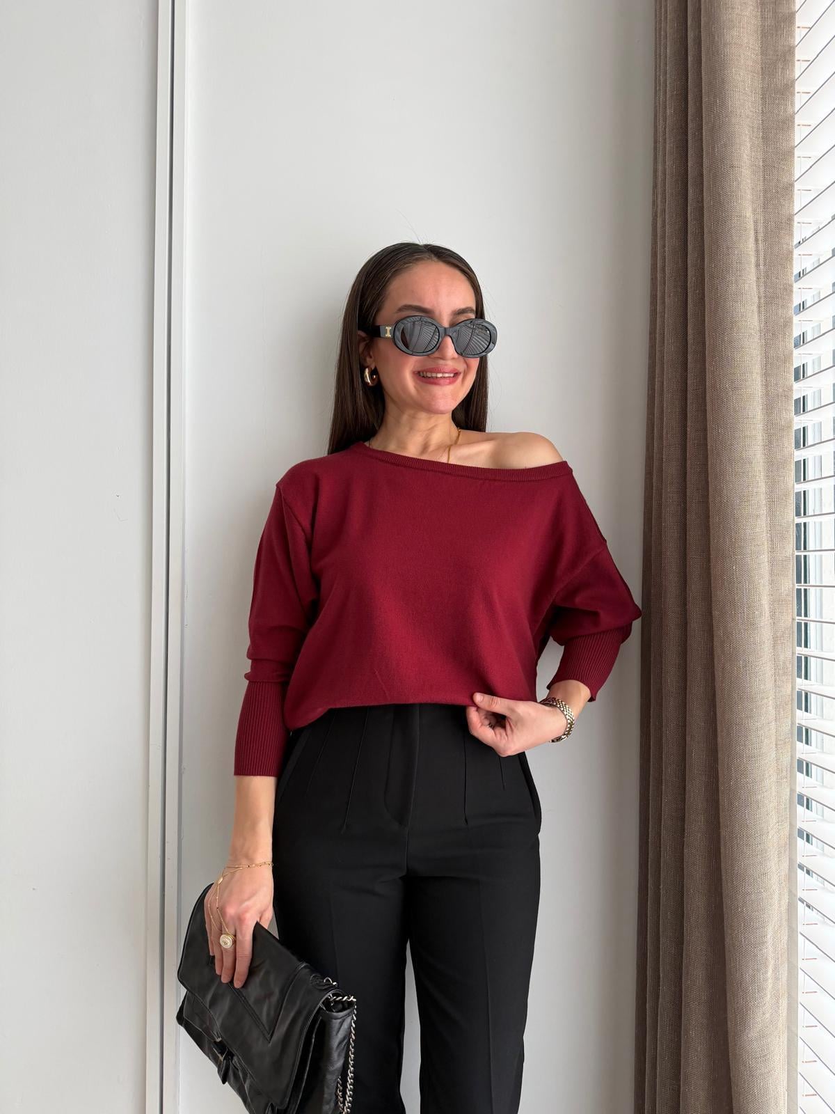 Bordo Kayık Yaka Basic Kazak 2736