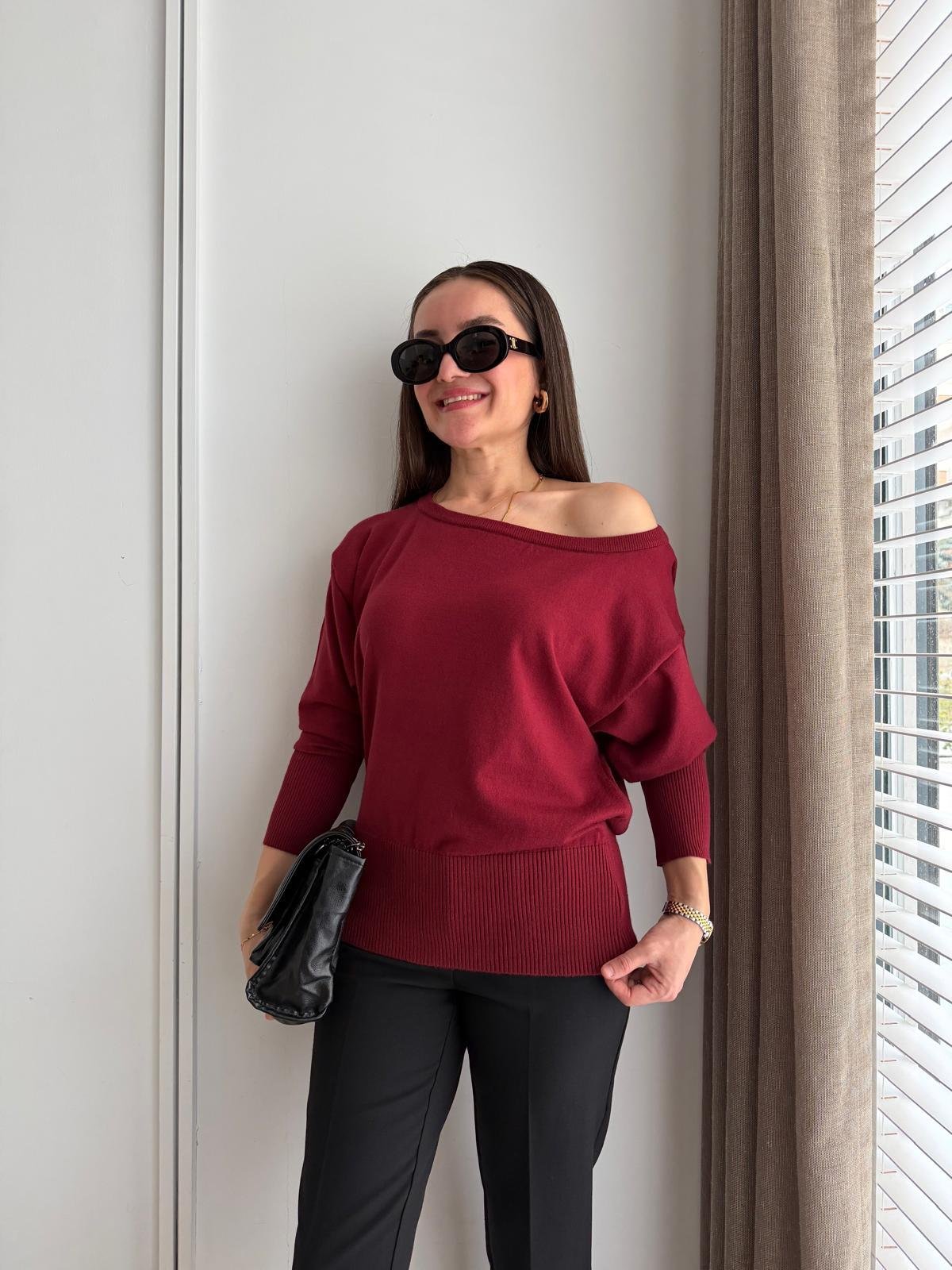 Bordo Kayık Yaka Basic Kazak 2736