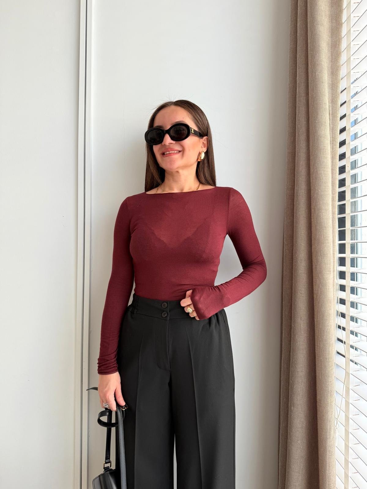 Bordo Kayık Yaka Modal Kaşmir Bluz 32122