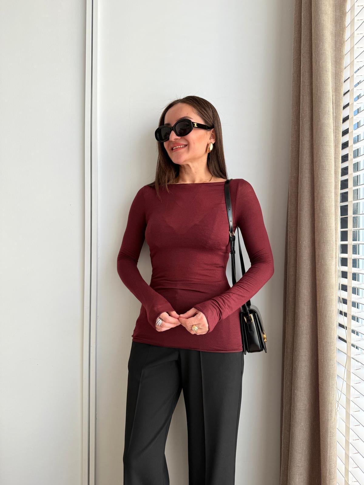 Bordo Kayık Yaka Modal Kaşmir Bluz 32122