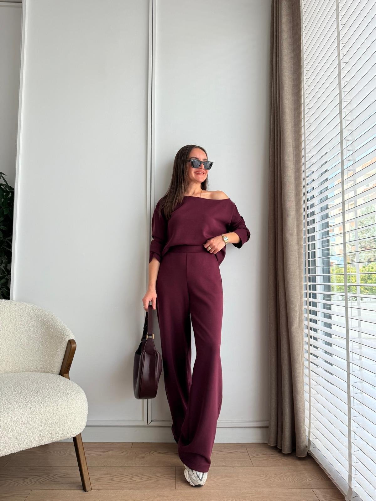 Bordo Kayık Yaka Modal Kumaş Bluz Pantolon Takım 255335