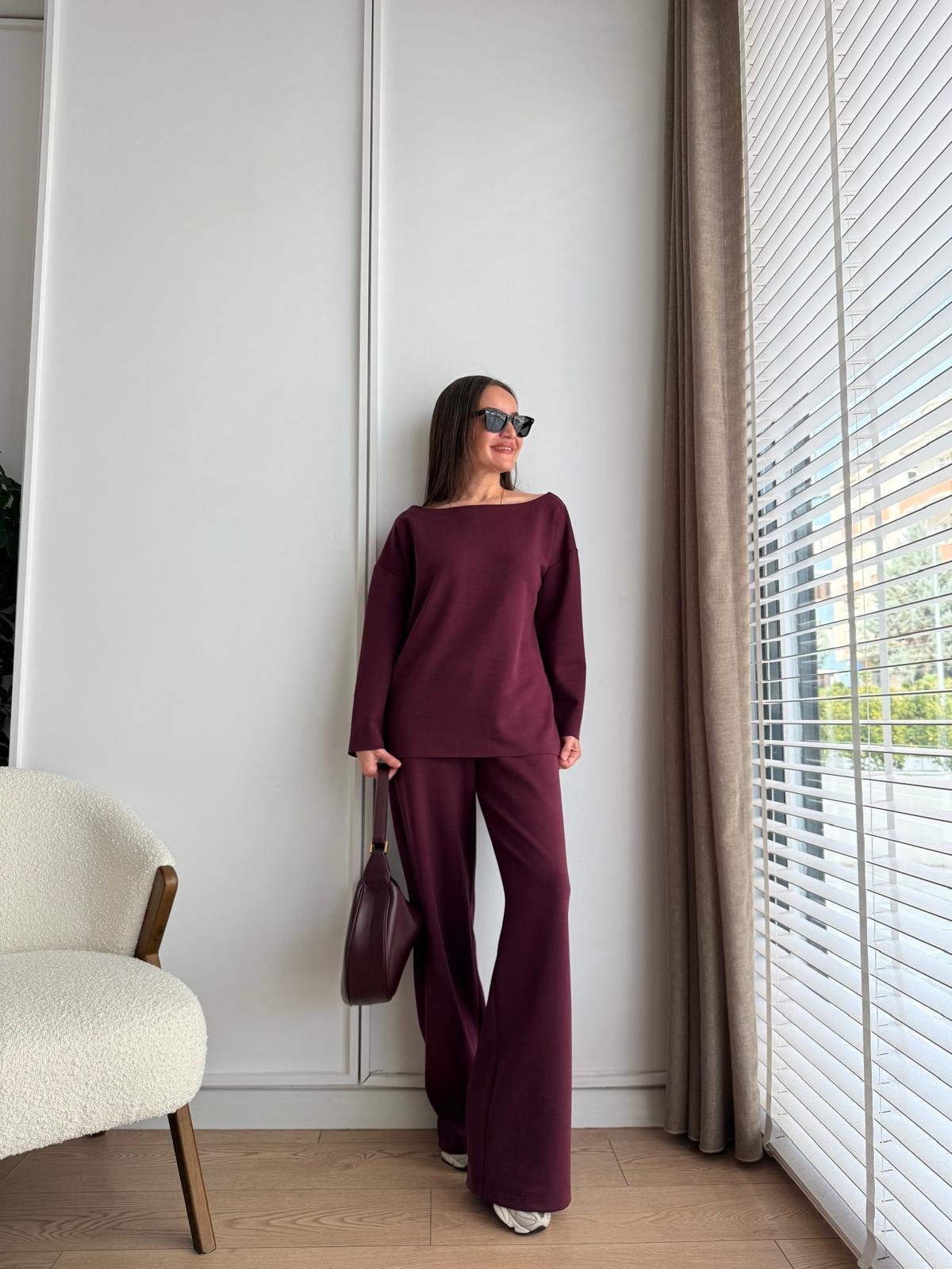 Bordo Kayık Yaka Modal Kumaş Bluz Pantolon Takım 255335