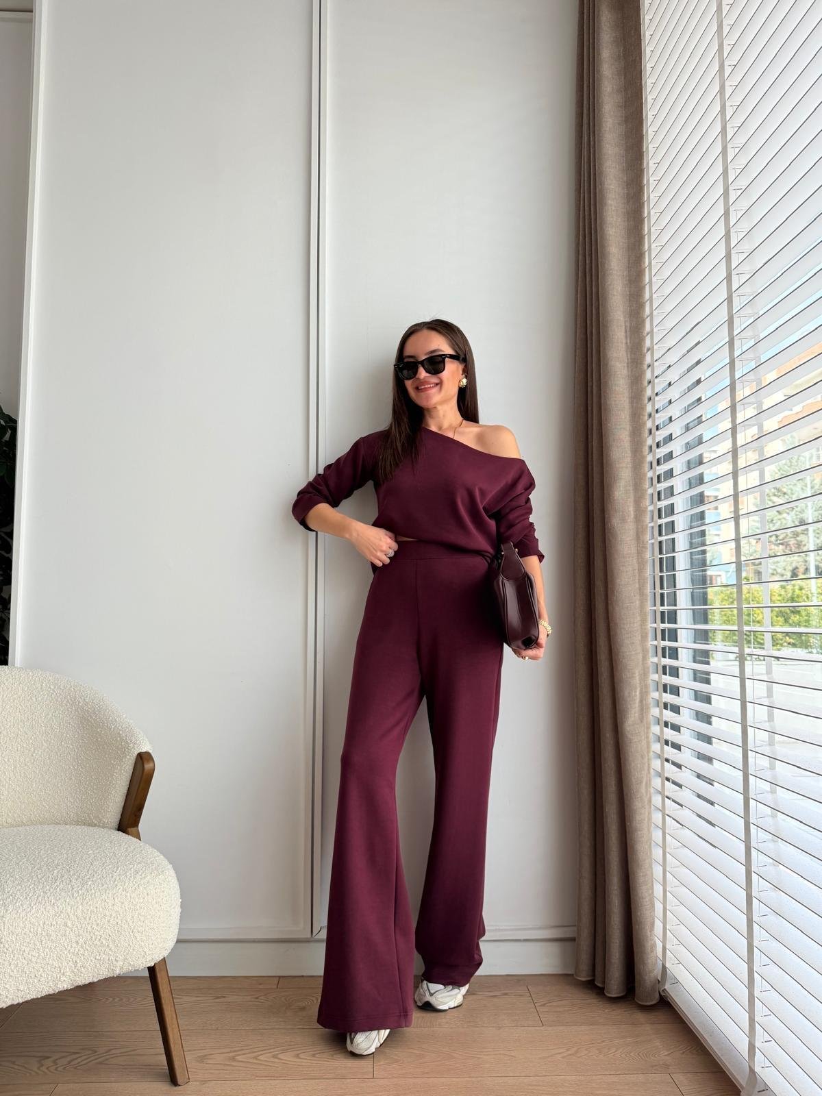 Bordo Kayık Yaka Modal Kumaş Bluz Pantolon Takım 255335