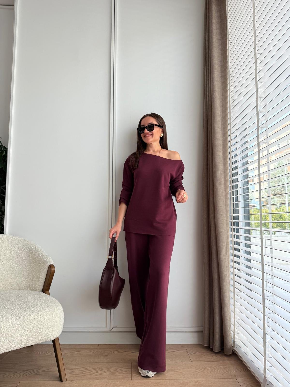 Bordo Kayık Yaka Modal Kumaş Bluz Pantolon Takım 255335