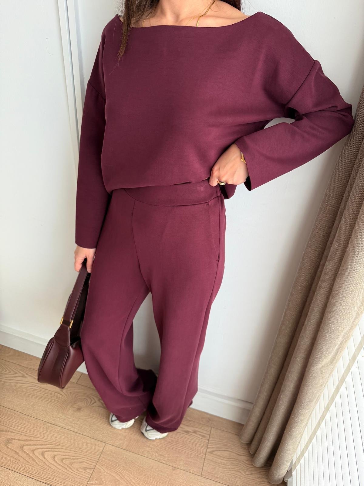 Bordo Kayık Yaka Modal Kumaş Bluz Pantolon Takım 255335