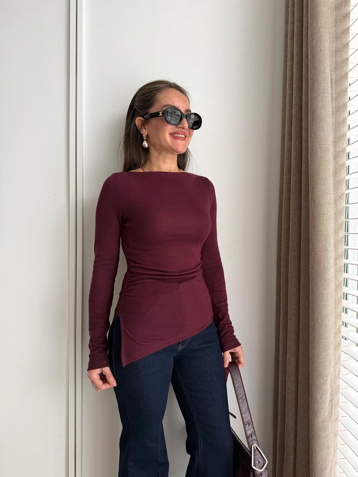 Bordo Kayık Yaka Yan Drapeli Asimetrik Bluz 32198
