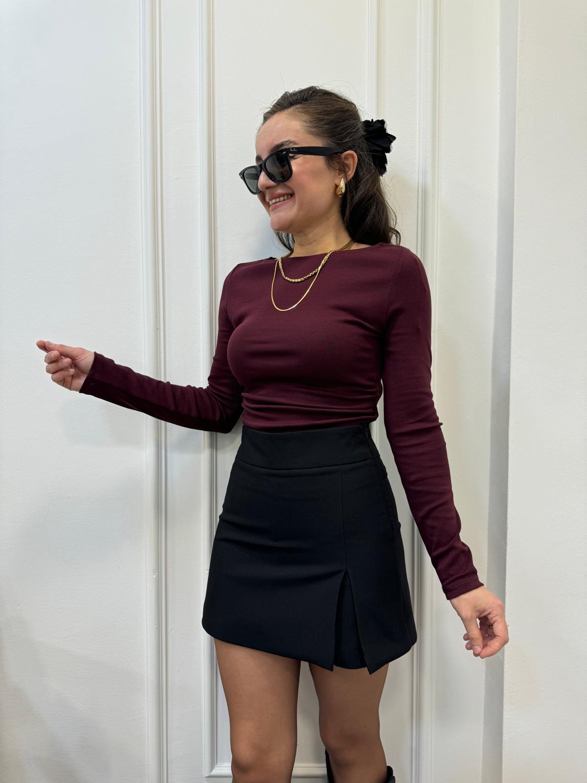 Bordo Kayık Yaka Yan Drapeli Bluz 31401