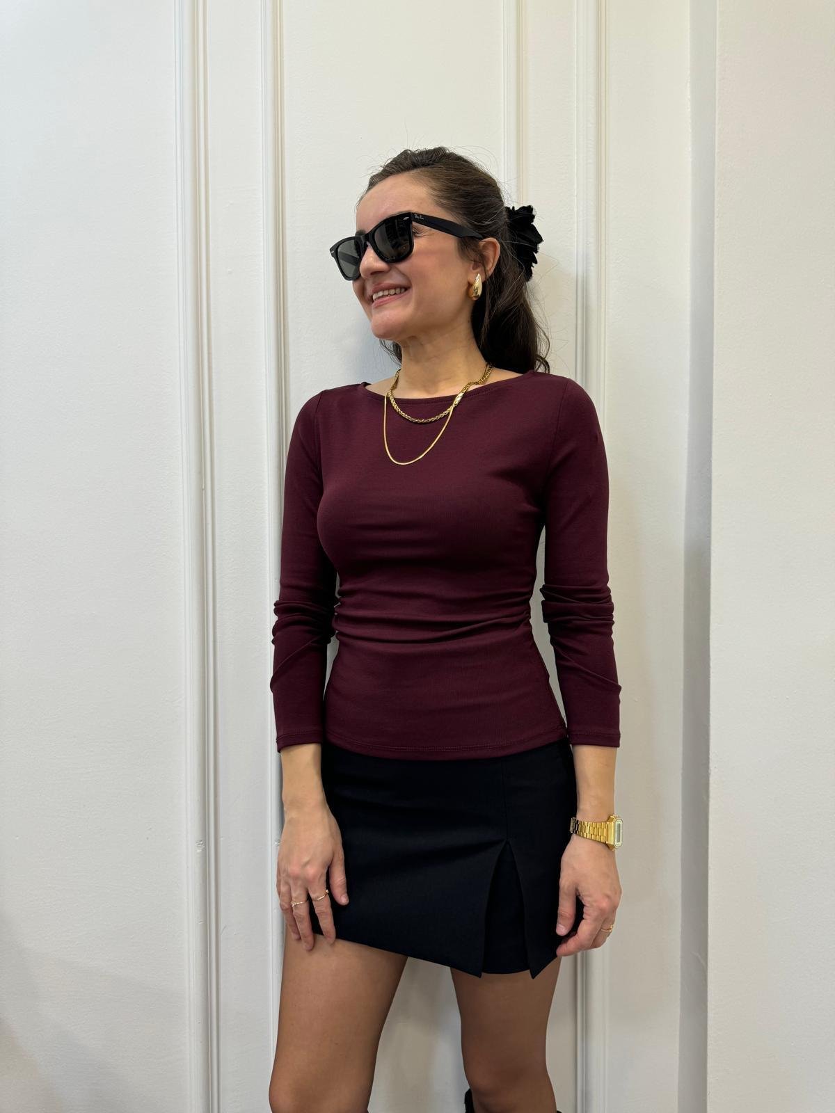 Bordo Kayık Yaka Yan Drapeli Bluz 31401